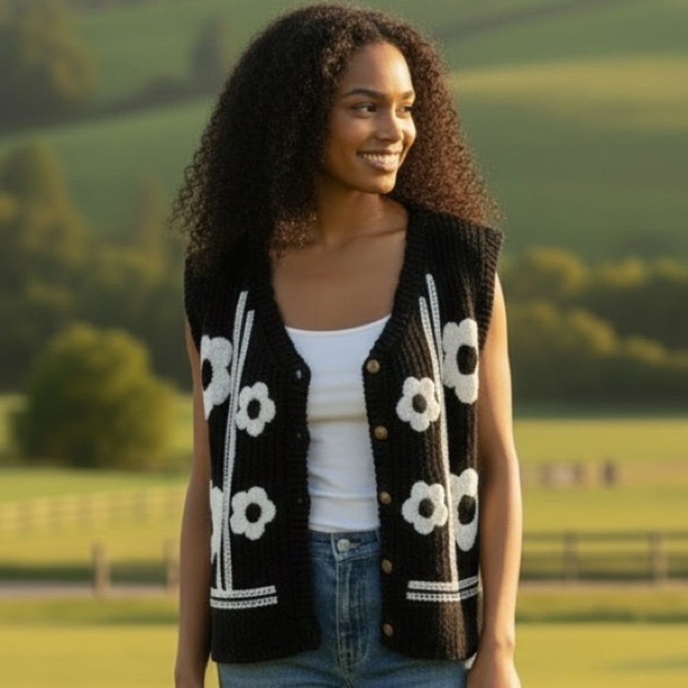 BOHEMIAN FLORAL VEST CROCHETED BLACK & WHITE KNIT V- NECK BUTTON DOWN SZ L-XL
